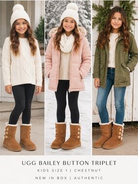 UGG Bailey Button Triplet Chestnut Kids Boots Size 1 NIB Sheepskin